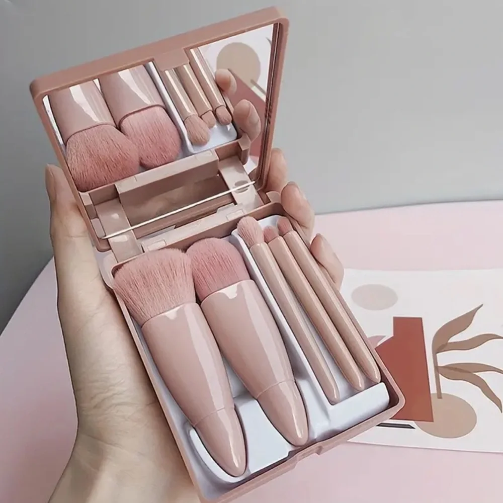 5-Piece Mini Travel Makeup Brush Set with Mirror